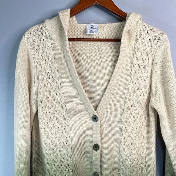 FIREFLY Wool Blend Cable-Knit Hooded Cardigan Sweater Cream Olive Green Ombre M - Picture 3 of 11